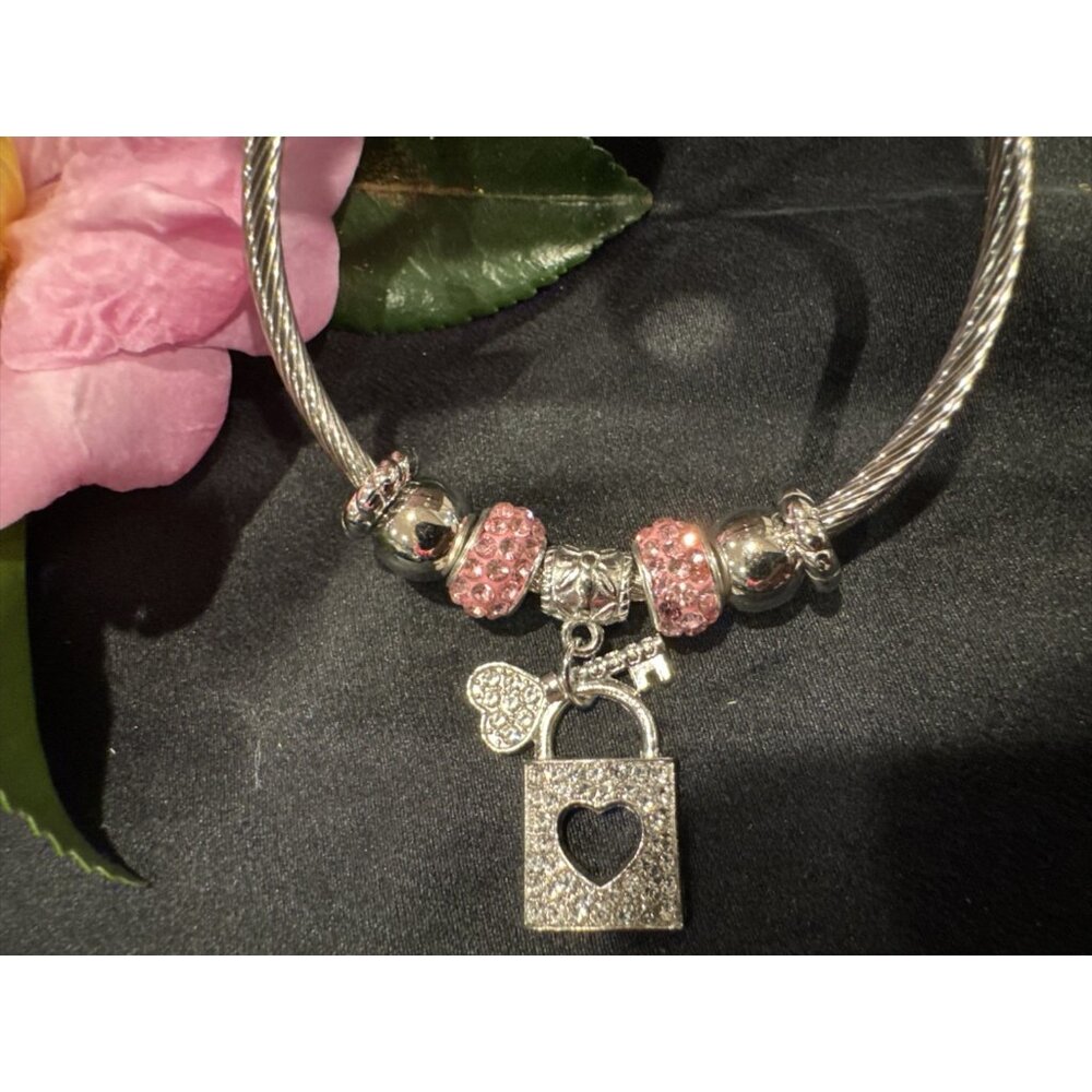 Mint Stainless Steel Heart PadLock Crystals Charm Silvertone Bangle Bracelet NEW